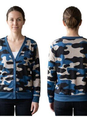 NWT LuLaRoe Womens Cardigan Sweater Large Blue Camo Button Frong V-Neck Casual